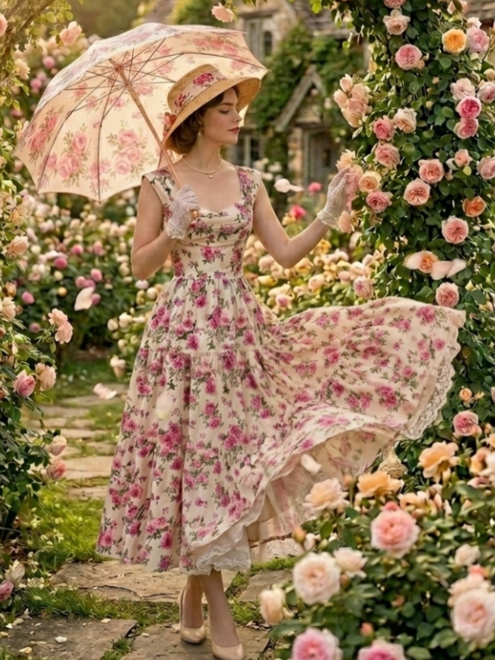 Vintage-Inspired Pink Floral Midi Dress